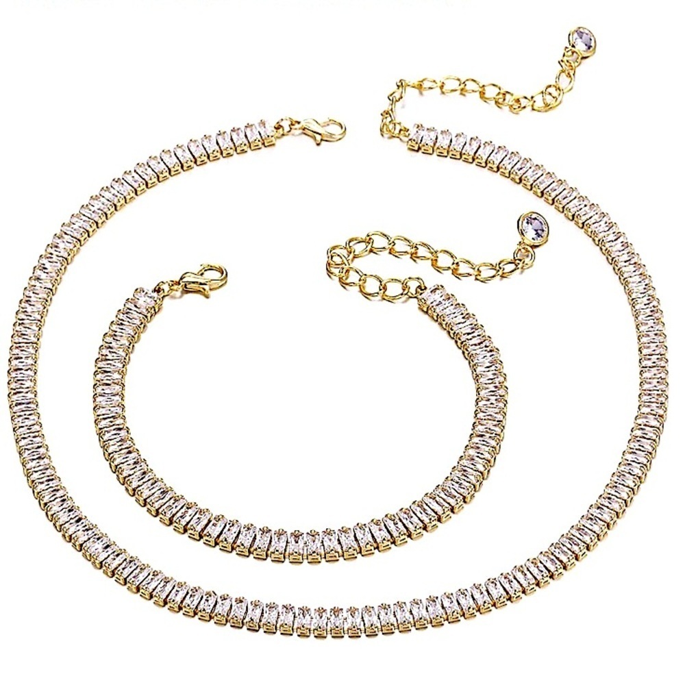 Baguette Crystal Gold Plated Zircon Diamond Necklace Bracelet Set - Picture 5 of 9